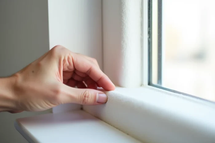 Main appliquant un joint mousse d'étanchéité sur l'encadrement d'une fenêtre pour colmater les fuites lumineuses