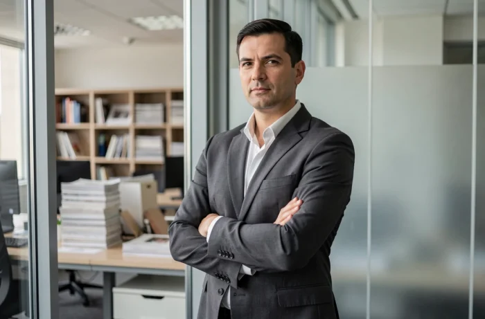 Journaliste homme debout dans un bureau éditorial moderne, expression réservée, illustrant la gestion des rumeurs par une personnalité médiatique