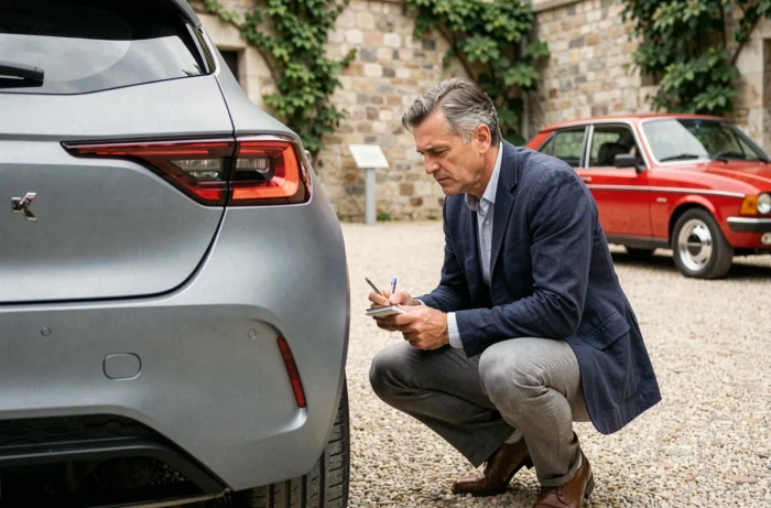 Journaliste automobile inspectant la nouvelle Renault R5 électrique avec une Super 5 rouge en arrière-plan dans un musée