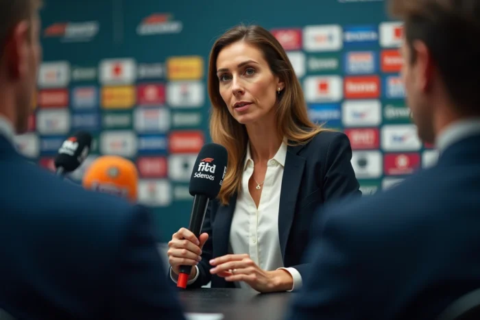 Journaliste sportive féminine donnant un reportage en direct lors d'une conférence de presse sportive