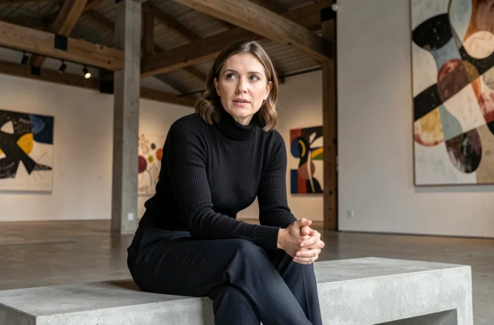Femme médiatique assise dans un lieu culturel contemporain lors d'une interview, ambiance architecturale épurée