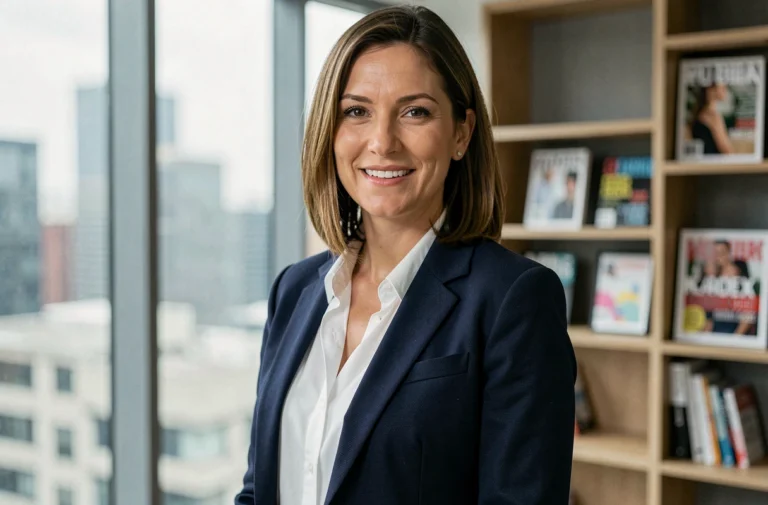Portrait professionnel d'une personnalité médiatique en veste marine dans un bureau éditorial moderne