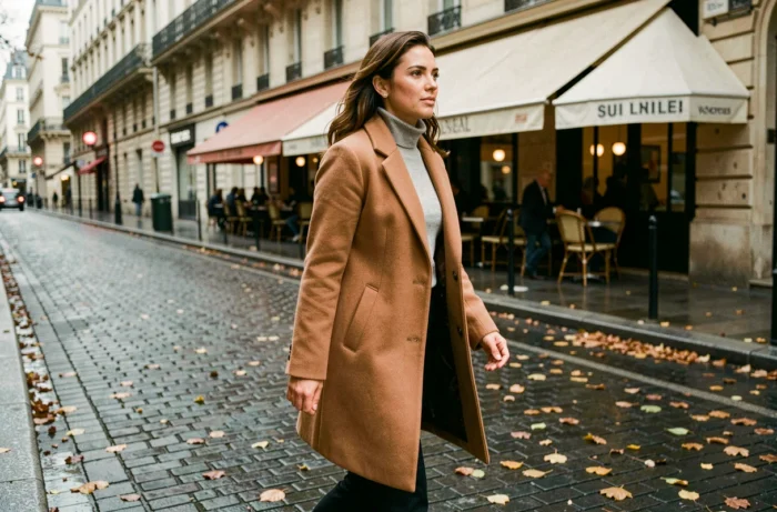 Personnalité médiatique marchant dans une rue parisienne en automne, ambiance urbaine et élégante
