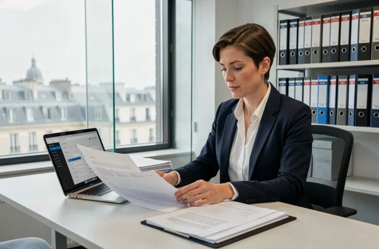 Juriste analysant des documents liés aux noms de domaine et à la réglementation électorale française en 2026