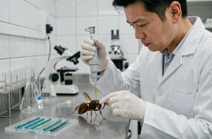 Scientifique en laboratoire extrayant le venin de frelon géant japonais avec une micropipette pour des recherches en santé