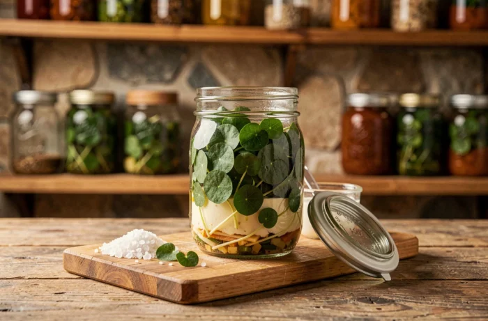 Bocal en verre rempli de feuilles de pourpier en lactofermentation avec du sel et de la saumure sur une table en bois