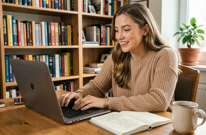 Jeune femme en train d'écrire son premier article de blog sur un ordinateur portable dans un bureau cosy à domicile