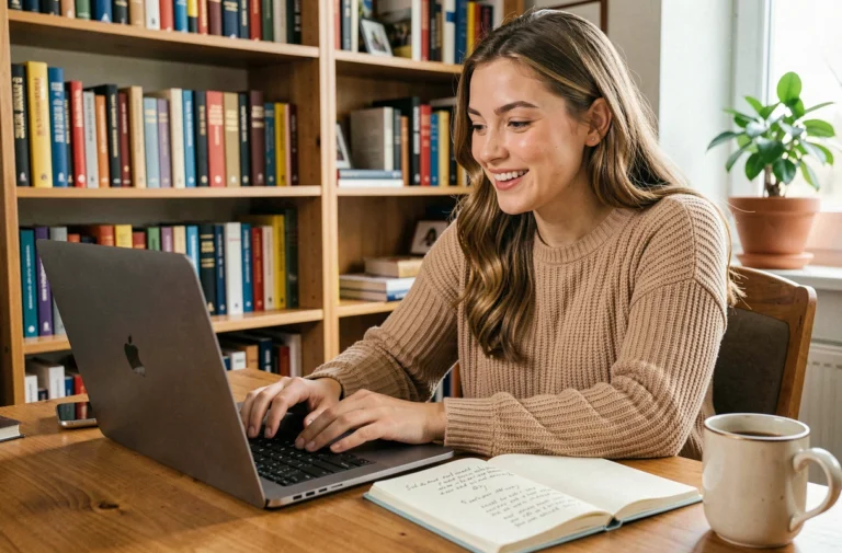 Jeune femme en train d'écrire son premier article de blog sur un ordinateur portable dans un bureau cosy à domicile