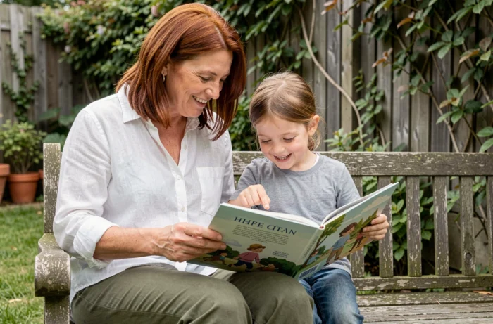 Mère et fille lisant un livre illustré ensemble dans un jardin familial, moment de lecture partagée et d'épanouissement