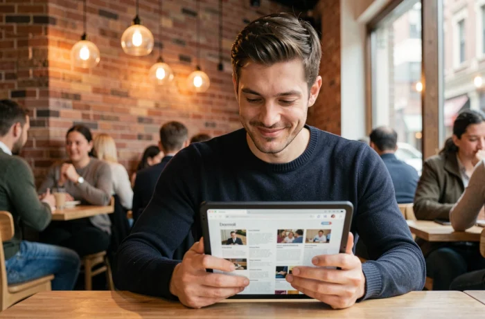 Homme consultant la liste des rubriques de Gone Magazine sur une tablette dans un café urbain