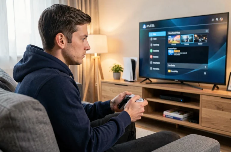 Jeune homme tenant une manette DualSense PS5 dans un salon moderne avec une console PlayStation 5 posée sur un meuble TV