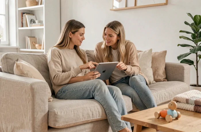 Deux mamans consultant le site Pause Bébé ensemble pour poser leurs questions