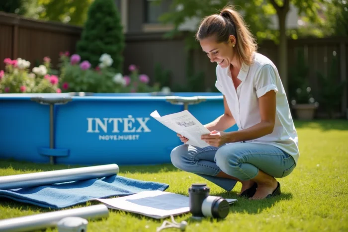 Femme consultant le manuel d'installation d'une piscine Intex avec les pièces détachées étalées sur la pelouse