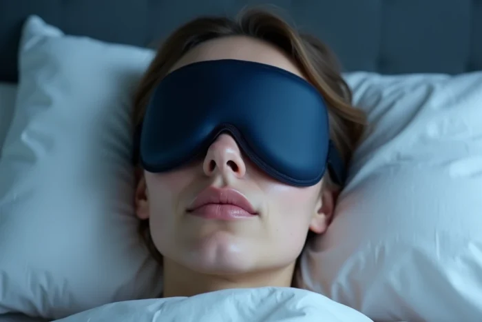 Personne allongée portant un masque de sommeil haute densité en mousse sombre sur un oreiller blanc