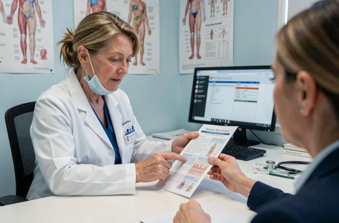Médecin généraliste expliquant les symptômes et la période d'incubation de la Covid à un patient en consultation