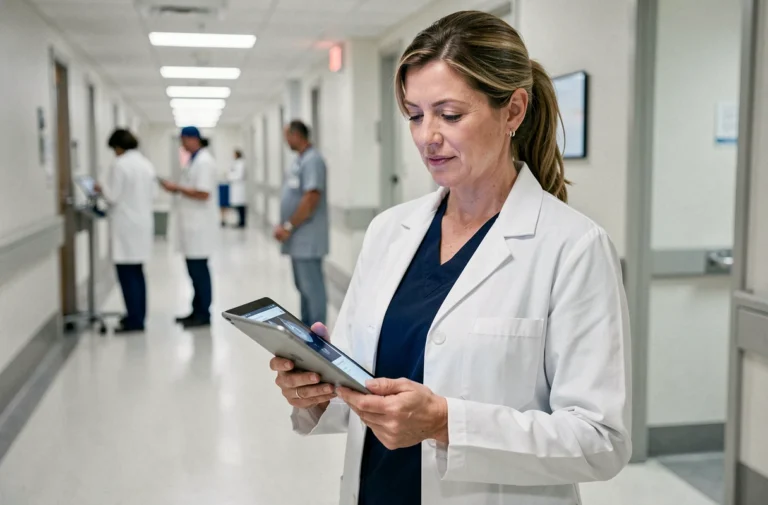 Médecin femme tenant une tablette avec logiciel d'imagerie médicale dans un couloir d'hôpital moderne