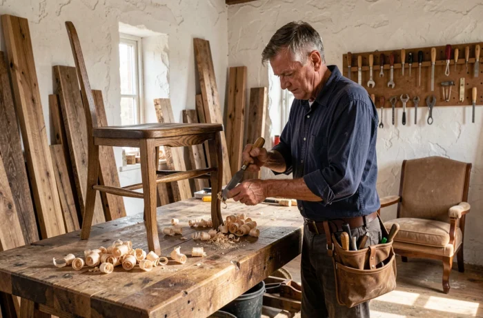 Artisan menuisier sculptant à la main une chaise en chêne dans un atelier traditionnel de Bourgogne