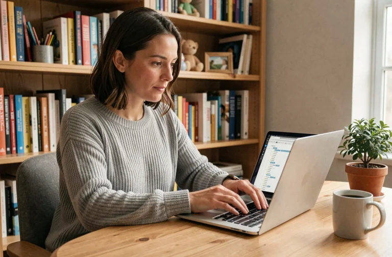 Mère de famille consultant le sitemap d'un blog parental sur son ordinateur portable dans un bureau à domicile chaleureux