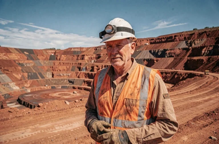 Mineur australien en tenue de sécurité devant une immense mine à ciel ouvert dans la région de Pilbara, Australie-Occidentale