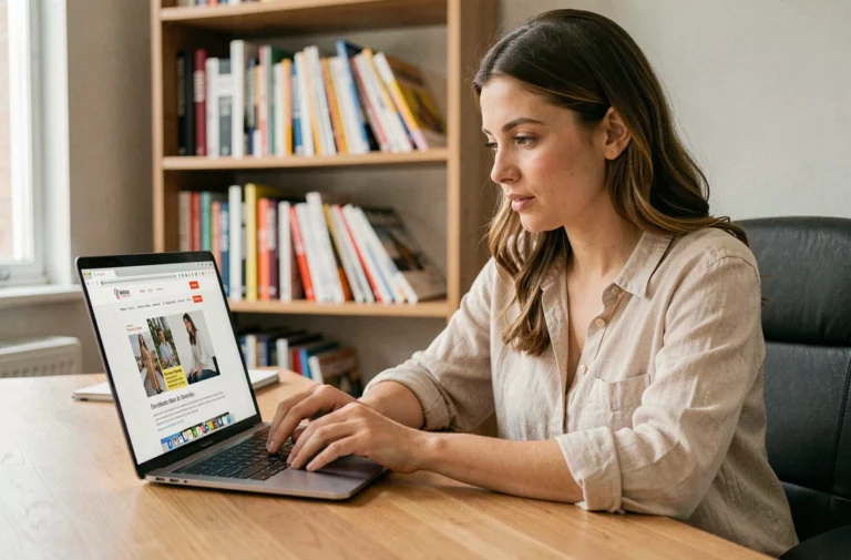 Femme parcourant le sommaire complet de Gone Magazine sur un ordinateur portable dans un bureau moderne