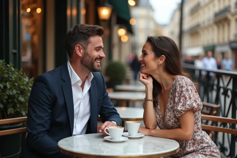 Couple célèbre Olivier Bossard et Alicia Dauby attablés à une terrasse de café parisien, riant ensemble dans une ambiance détendue et complice