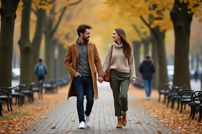 Olivier Bossard et Alicia Dauby se promenant main dans la main sur un boulevard parisien en automne, dans une scène candide et romantique