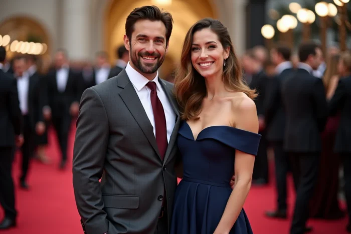 Olivier Bossard et Alicia Dauby élégamment habillés lors d'une soirée médiatique sur tapis rouge, posant ensemble avec assurance devant les photographes