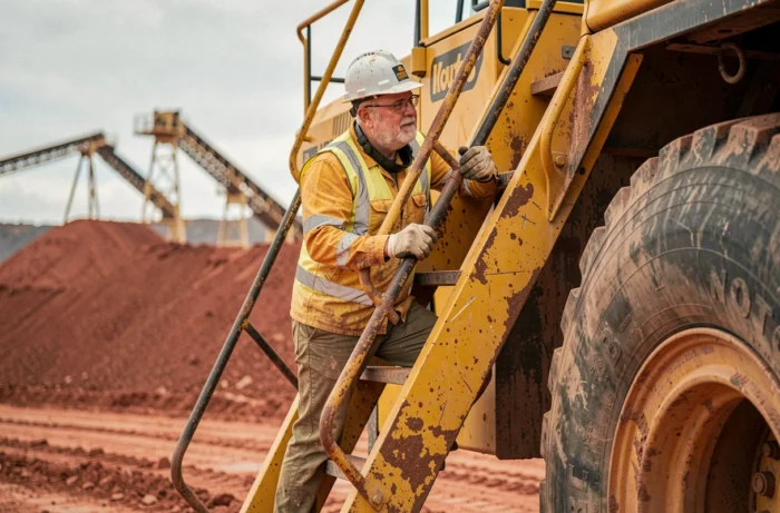 Opérateur de camion minier grimpant sur un engin de chantier géant dans une mine d'or en Australie-Occidentale