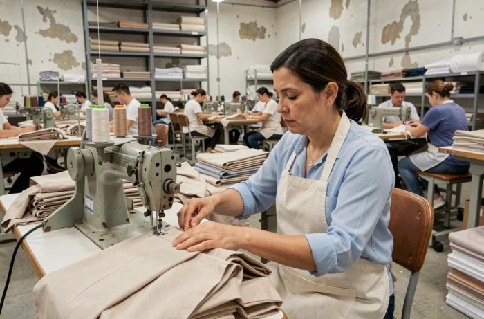 Ouvrière dans un atelier de confection travaillant sur une machine à coudre industrielle, illustrant les coulisses de la fabrication de vêtements Zara