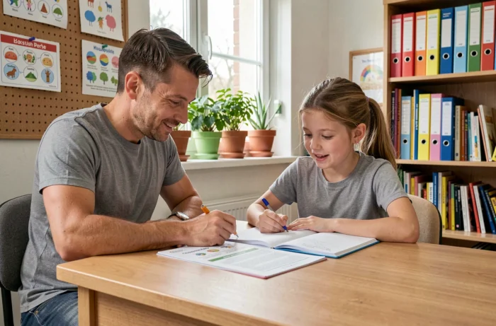 Père et enfant travaillant ensemble sur un programme d'instruction en famille, entourés de ressources pédagogiques et de guides juridiques