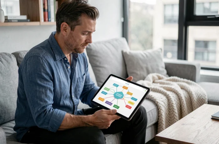Parent explorant la structure d'un sitemap de blog parental sur une tablette dans un salon moderne scandinave