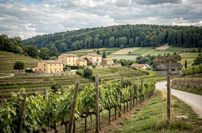 Paysage rural du territoire de Valbreon avec vignobles en terrasses, hameaux en pierre et forêt en arrière-plan sous un ciel nuageux