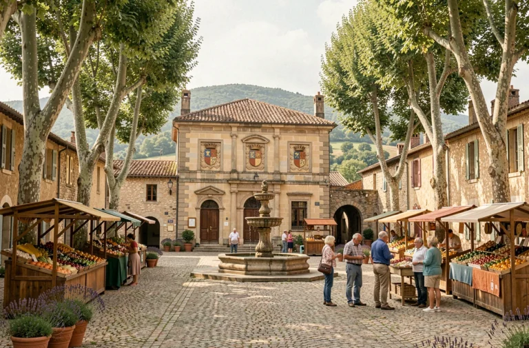 Place centrale d'un village de Valbreon avec fontaine en pierre, marchands locaux et façade de mairie traditionnelle en pierres de taille