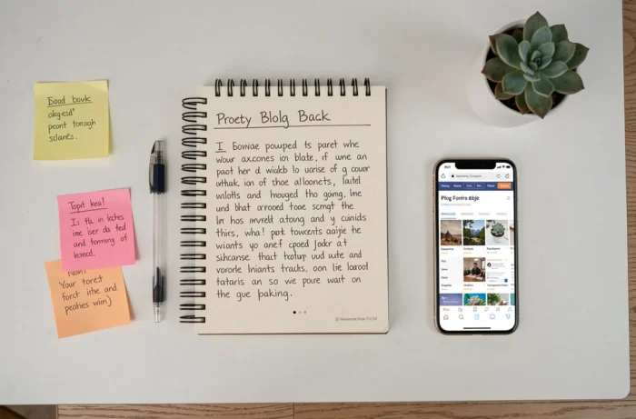 Vue de dessus d'un bureau minimaliste avec un carnet de planification de blog, un smartphone et des notes d'idées