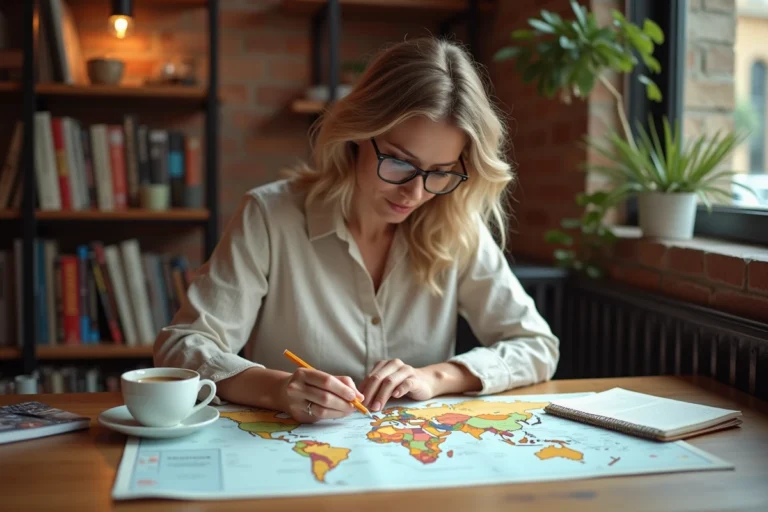 Femme planifiant un voyage personnalisé sur une carte papier dans un café chaleureux, entourée de carnets de voyage et de notes colorées