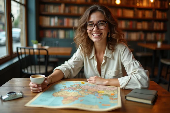 Femme planifiant un voyage sur mesure avec une carte papier et un carnet de voyage dans un café parisien chaleureux