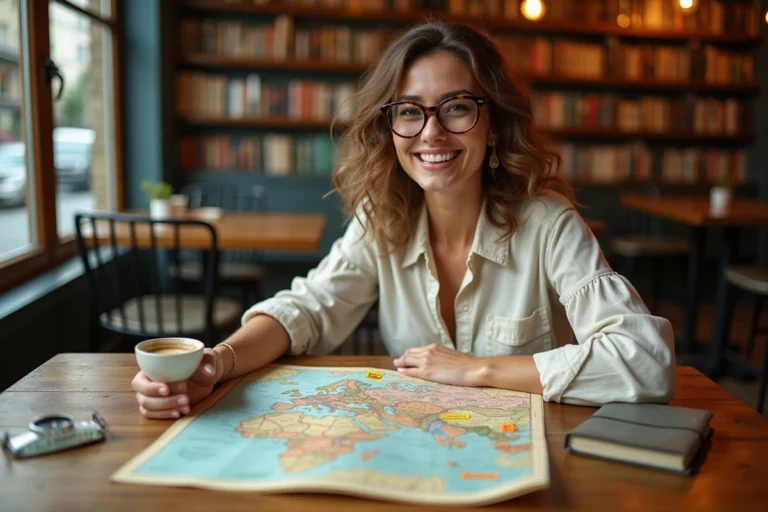 Femme planifiant un voyage sur mesure avec une carte papier et un carnet de voyage dans un café parisien chaleureux