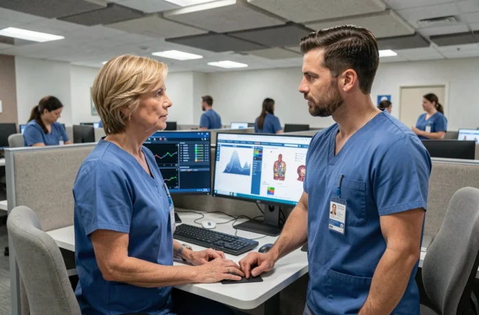 Deux professionnels de santé collaborant sur des tableaux de bord de surveillance patient dans un centre de commande hospitalier