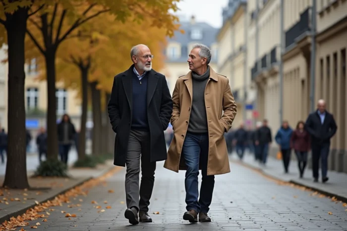 Deux hommes en couple se promenant sur un trottoir pavé dans un quartier européen en automne