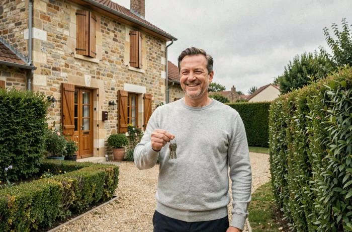 Propriétaire heureux tenant les clés de sa nouvelle maison en pierre après l'obtention de son crédit immobilier