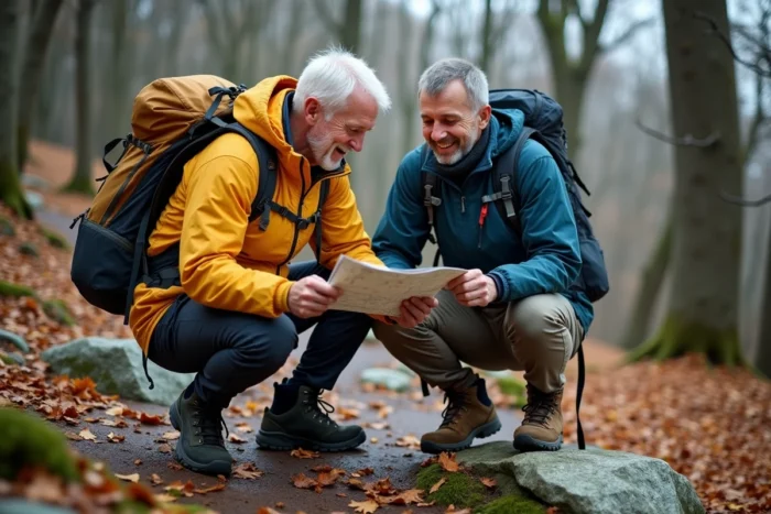 Deux hommes en randonnée dans une forêt automnale consultant une carte topographique, activité de plein air et loisir nature