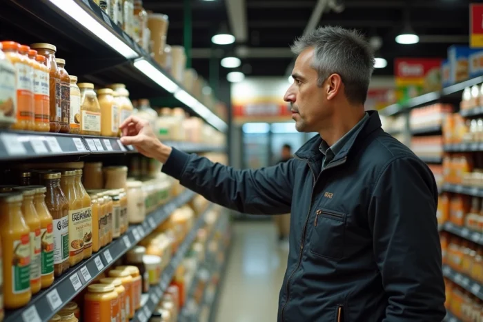 Homme choisissant un pot de tahini dans le rayon spécialités du monde d'un grand supermarché