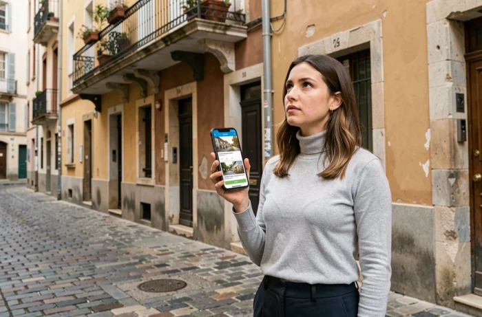 Jeune femme consultant une annonce immobilière sur smartphone devant un immeuble du quartier Croix-Rousse à Lyon