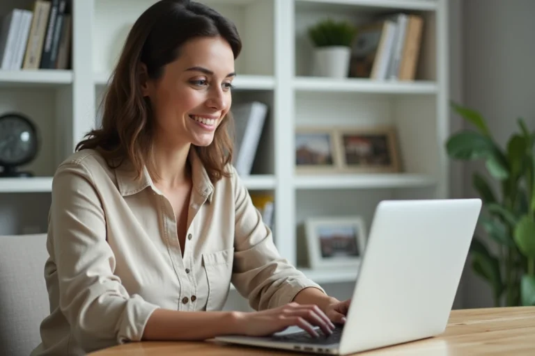 Femme consultant des annonces immobilières en ligne sur un ordinateur portable dans un bureau à domicile moderne