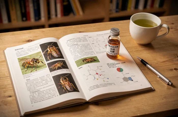 Documents de recherche scientifique sur le venin de frelon géant japonais posés sur un bureau en bois avec un flacon de venin ambré