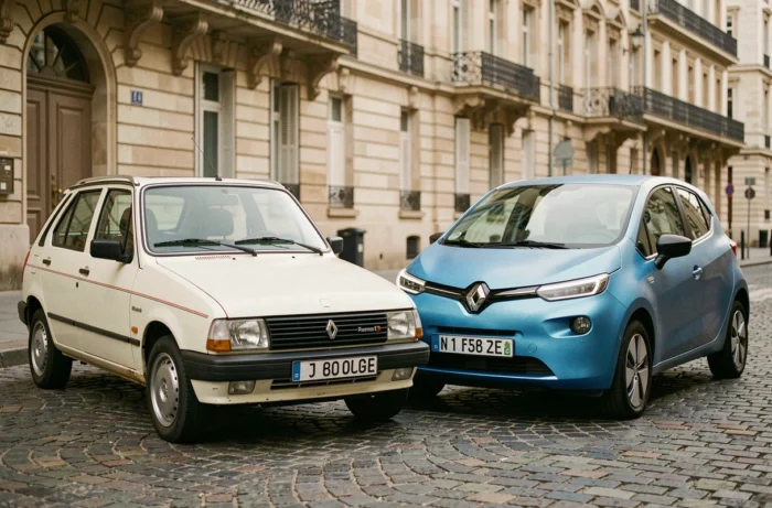 Renault 5 Supercinq vintage et nouvelle Renault R5 électrique côte à côte dans une rue pavée française
