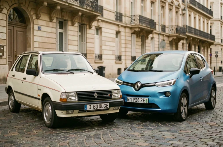 Renault 5 Supercinq vintage et nouvelle Renault R5 électrique côte à côte dans une rue pavée française