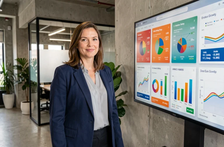 Responsable marketing féminine devant un écran d'analyse de données dans un bureau moderne d'agence