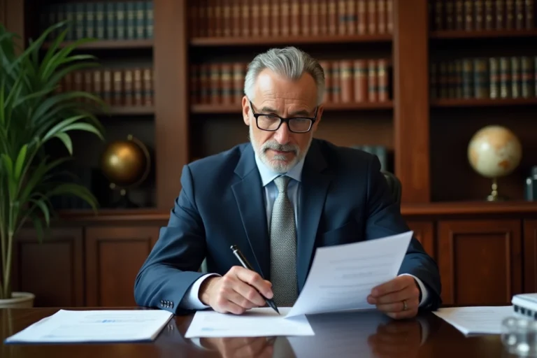 Cadre supérieur à la retraite consultant ses documents financiers dans un bureau élégant à domicile