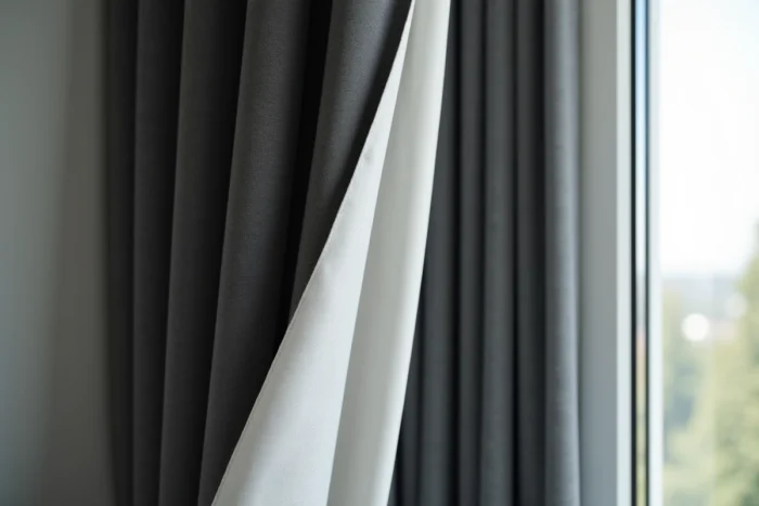 Rideau occultant avec doublure thermique en tissu gris anthracite accroché sur une tringle chromée dans une chambre moderne